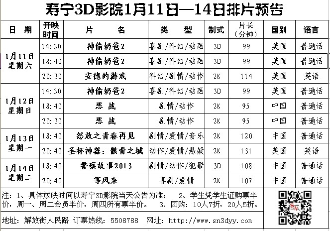1月11日—14日排片预告